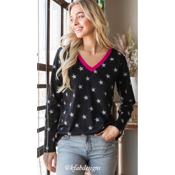 LAST 1! So Soft! V Neck Hot Pink Contrast Soft Faded Star Top! - Picture 2 of 12